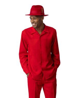 Montique Mens Walking Suit 2655 Red Patchwork 2 Piece Shirt Pants Set NWT